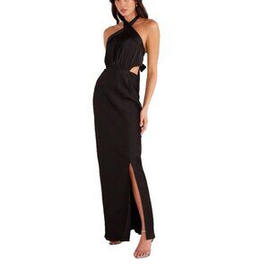 MINKPINK Black Long Dress Large Satin Silky Halter Tie Back Neck W Slit NEW $180